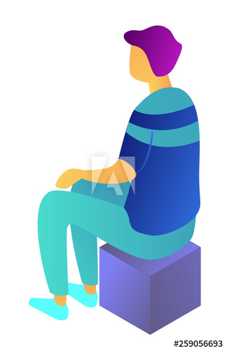 Businessman sitting back view on a box thinking, tiny people isometric 3D illustration