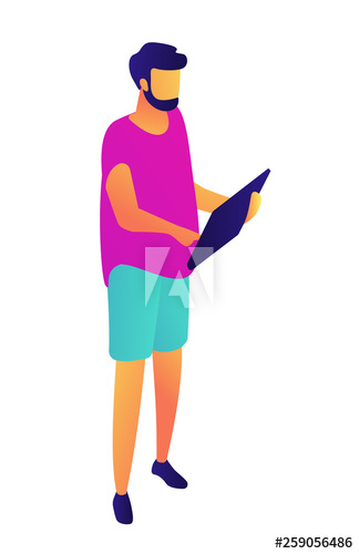 Businessman standing and using tablet computer, tiny people isometric 3D illustration
