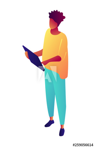 Businessman standing and using tablet computer, tiny people isometric 3D illustration