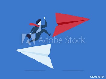 Businessman standing on the white paper plane
