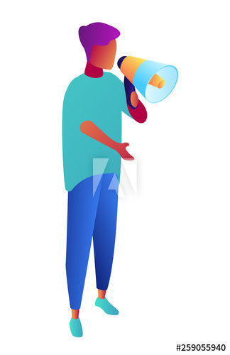 Businessman talking into megaphone, tiny people isometric 3D illustration