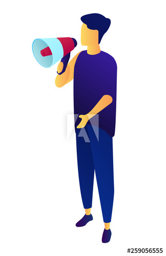Businessman talking into megaphone, tiny people isometric 3D illustration