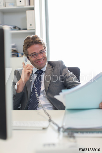 Businessman talking on telephone and reviewing paperwork