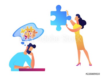 Businessman trying to solve puzzle and woman with necessary piece vector illustration