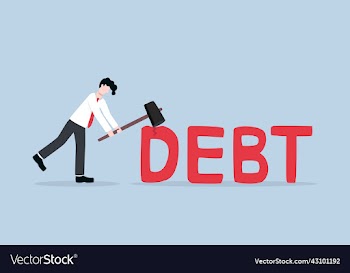 businessman using hammer to destroy word debt