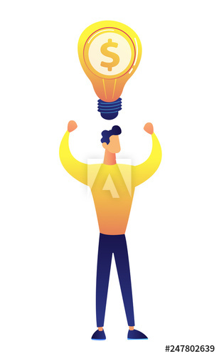 Businessman with hands up and big idea lightbulb and dollar sign vector illustration