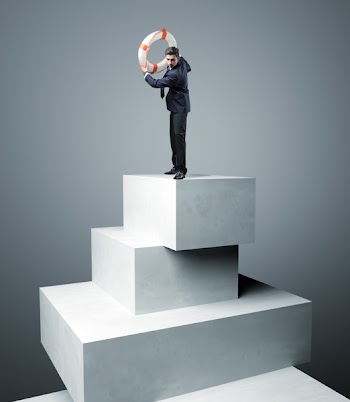 Businessman with Life Buoy Rescue on 3d virtual tower