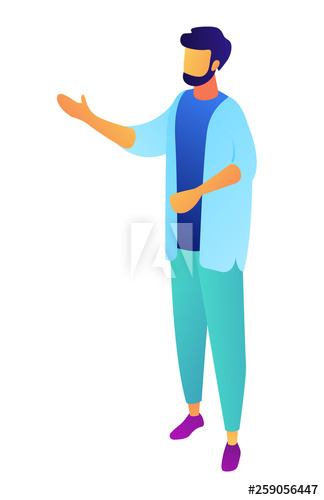 Businessman with raised hand speaking and thinking, tiny people isometric 3D illustration