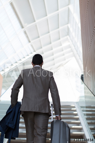 Businessman with suitcase ascending steps
