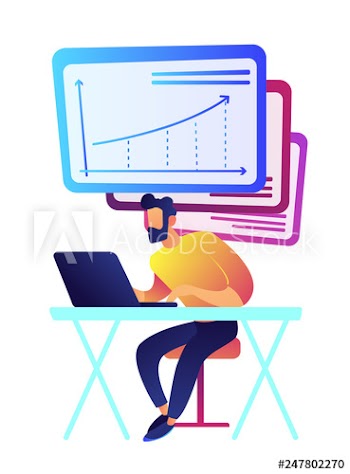 Businessman working at laptop with rising chart in office vector illustration