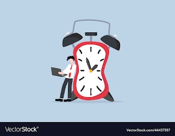 businessman working beside squeezed clock
