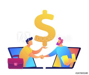 Businessmen shaking hands from laptop screens and dollar sign vector illustration