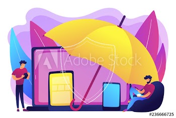 Businessmen using electronic equipment under umbrella protection