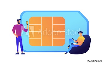 Businessmen using mobile phones and huge SIM card vector illustration