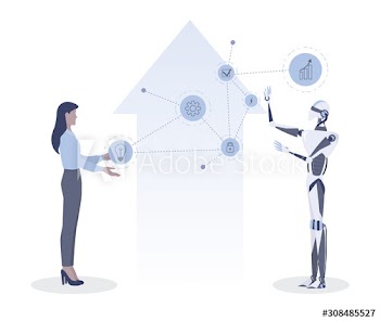 Businesswoman and robot communication idea
