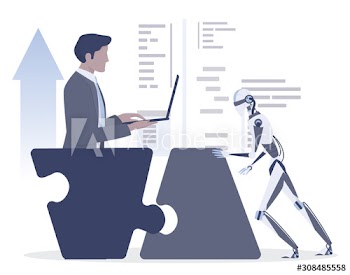 Businesswoman and robot communication idea