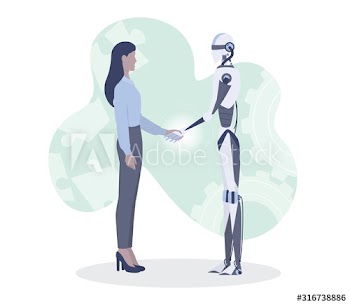 Businesswoman and robot shaking hands