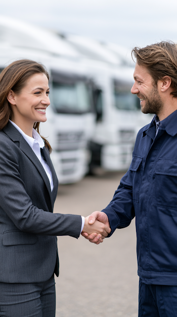 Businesswoman and Truck Driver Shaking Hands