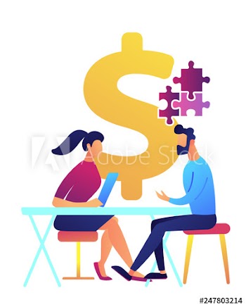 Businesswoman at desk helps businessman solve puzzle and dollar sign vector illustration