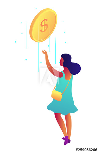 Businesswoman catching falling dollar coin, tiny people isometric 3D illustration