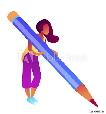 Businesswoman holding big pencil and writing, tiny people isometric 3D illustration