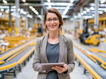 Businesswoman in Distribution Center with Tablet