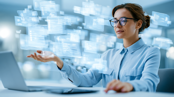 Businesswoman Interacting with Digital Checklists in Modern Office