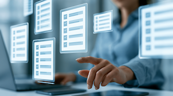 Businesswoman Interacting with Digital Checklists in Modern Office