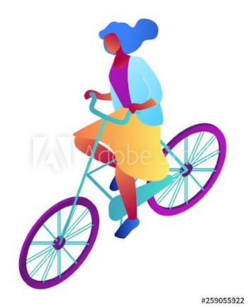 Businesswoman riding a bike, tiny people isometric 3D illustration