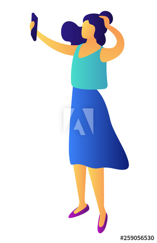 Businesswoman taking selfie with smartphone, tiny people isometric 3D illustration
