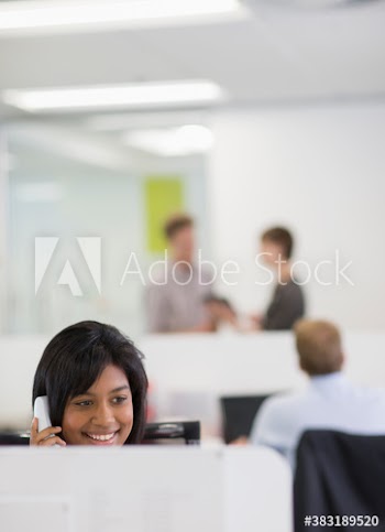 Businesswoman talking on telephone at computer in office