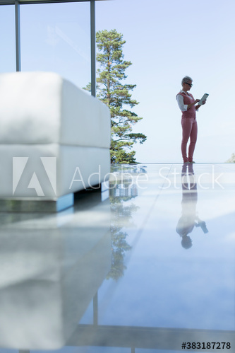 Businesswoman using digital tablet in patio doorway