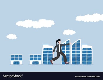 businesswoman walking to large office building