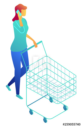 Businesswoman walking with shopping cart and talking on phone, tiny people isometric 3D illustration
