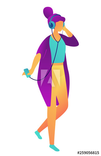 Businesswoman with headphones listening to music and dancing, tiny people isometric 3D illustration