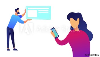 Businesswoman with smartphone and businessman with card vector illustration