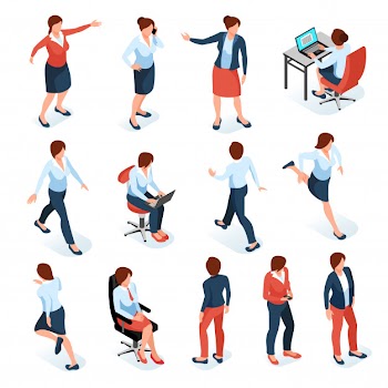 Businesswomen isometric colored set of female characters in different poses at work place isolated on white background Free Vector