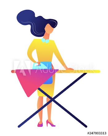 Busy woman ironing clothes on the board after laundry vector illustration