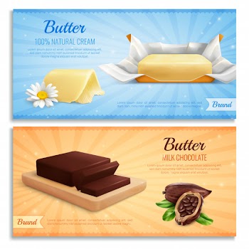 Butter realistic banners as mockup for advertising brand produce milk chocolate and natural cream butter Free Vector