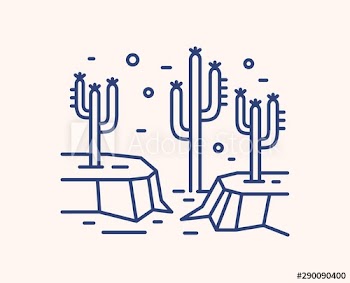 Cactus in dry desert landscape outline vector illustration