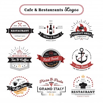Cafe and restaurant logos vintage design with food and drinks cutlery Free Vector
