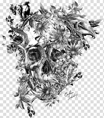 Calavera Sleeve tattoo Skull Black-and-gray, Tattoo, skull and flower pencil sketch transparent background PNG clipart