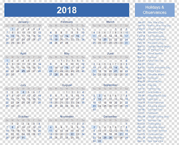 Calendar 2018 Holidays PNG