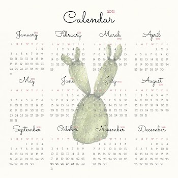 Calendar 2021 yearly printable with cute hand drawn cactus background set
