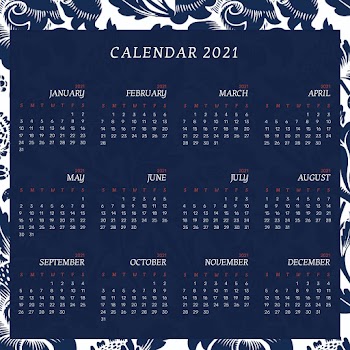 Calendar 2021 yearly printable with William Morris blue floral pattern