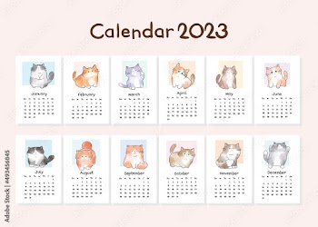 Calendar 2023 Collection with Vector Illustration of Hand Drawn Cartoon Cat, Watercolor Painted Design.