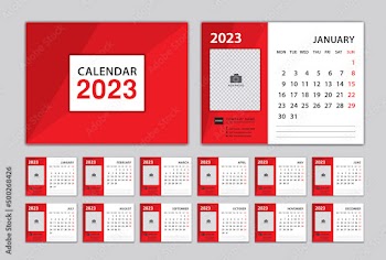 Calendar 2023 template and red cover design, Desk Calendar 2023 year, Set of 12 Months, planners, Week Starts on Monday, Wall calendar 2023 template, corporate planner, organization, printing, vector
