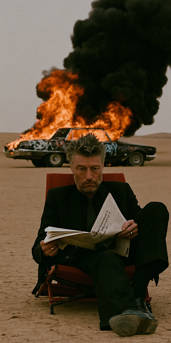 Calm in Chaos: A Man Reading Amidst Flames
