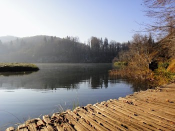 Calm Lake By Rustic Boardwalk