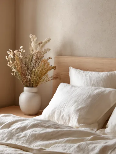 Calming Bed Corner with Soft Linen and Dried Flowers Calming Bed Corner with Soft Linen and Dried Flowers